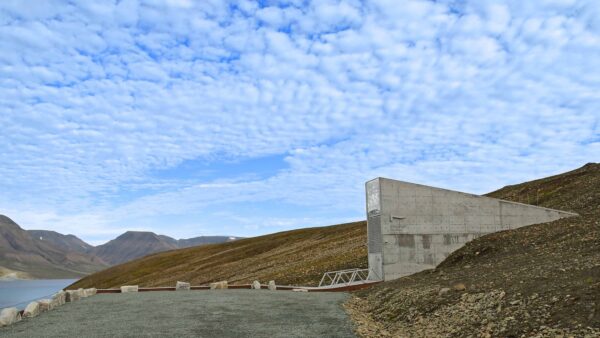 the exterior of the svalbard global seed vault on a rocky mountainside above adventfjorden bay and longyearbyen, spitsbergen, svalbard